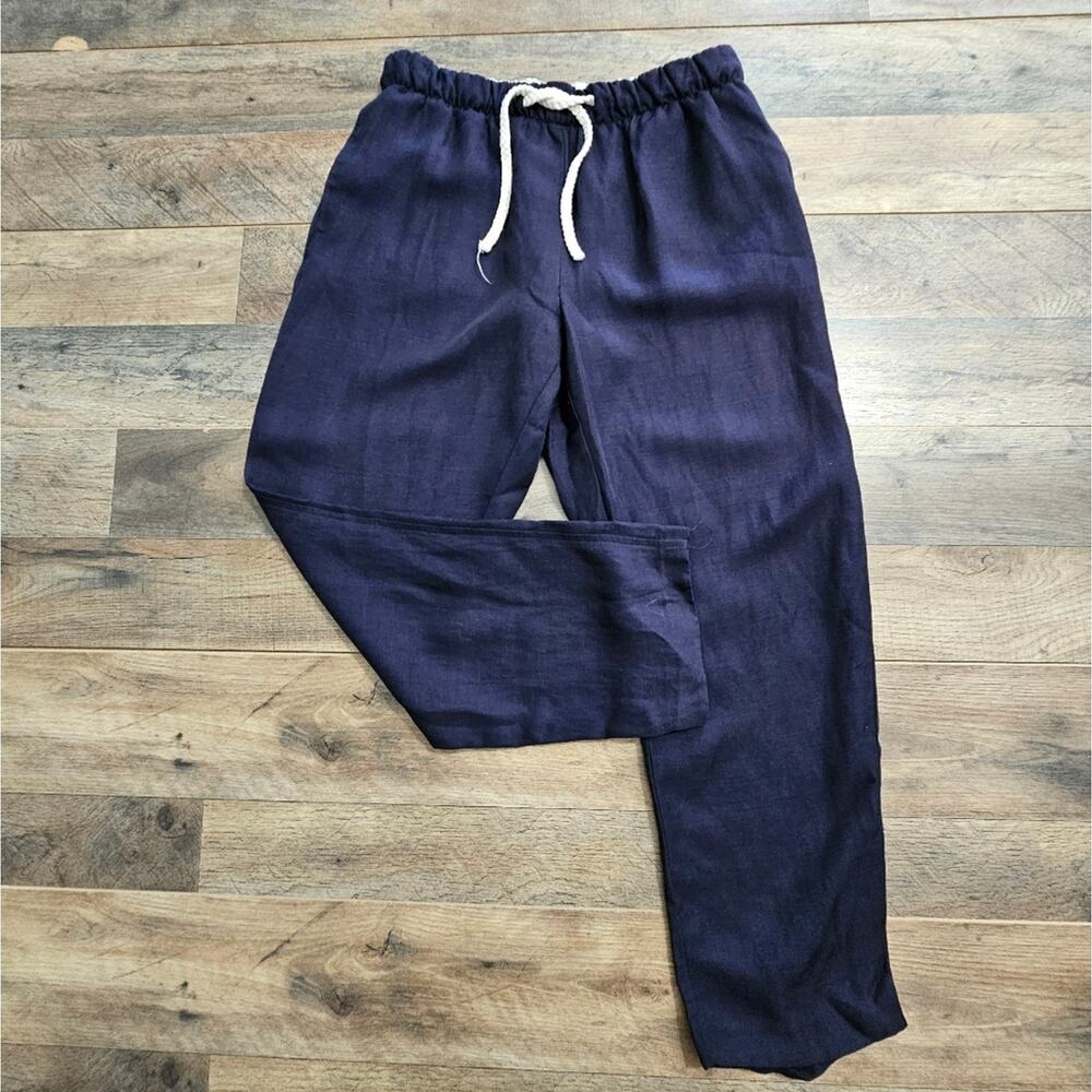 Zara Pants High Rise Small Blue Drawstring Pull On Pockets Linen Blend Cropped‎